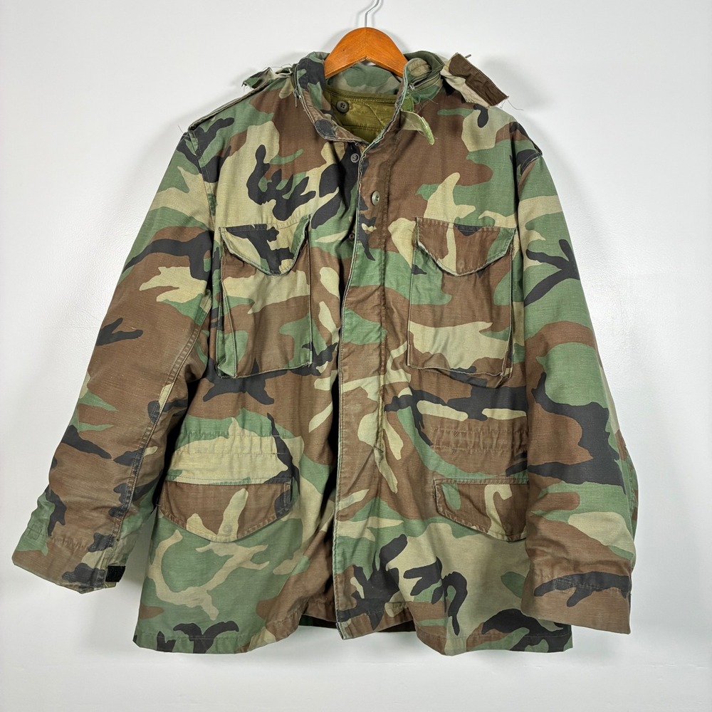 Vtg Military Surplus Field Jacket L Woodland Camo M-65 Quilted Liner Tactical